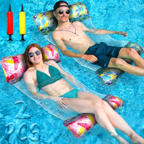 ZPQAODI 2Pcs Flottant Hamac Gonflable, 4 in 1 Matelas Filet Piscine Gonflable, Matelas Piscine, Matelas Gonflable Piscine, Hamac d’Eau Plage Portable avec 2 Pompe à Air Manuelle pour Plage, Partie