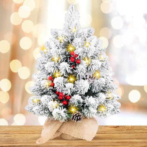 Arbol de Navidad, 50CM Mini Arboles de Navidad con Nieve, Arbol de Navidads Blanco con Piñas y Frutos Rojos, Arbol de Navidads Pequeño para Decoración Navideña En Casa, Oficina