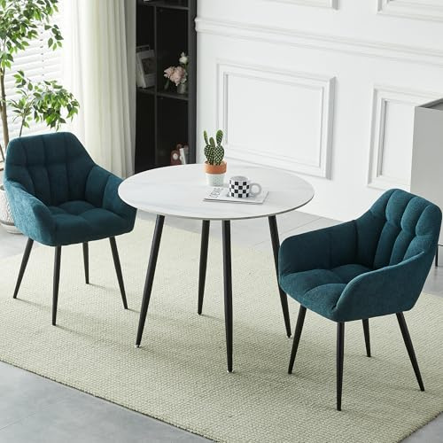 HomJoy Round Dining Room Table and Armchairs Set 2 90cm | Modern Marble Kitchen Table Upholstered Lounge Leisure Accent Chair Space Saving Meeting Restaurant Office Reception