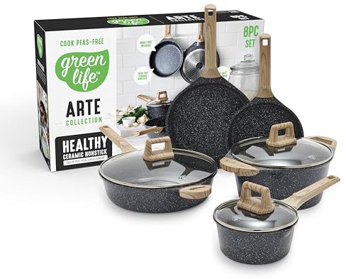 GreenLife 8-teiliges Keramik-Kochgeschirr-Set, Induktionsgeeignet, ungiftig, PFAS-frei, Töpfe & Pfannen, spülmaschinenfest, Kochtopf, Kochtopf, Töpfe & Bratpfannen, Küche Kochen, Granitschwarz