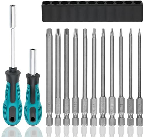 Prebarfun 14pcs Torx Screwdriver Bit Sets, 100mm Star Screwdriver Set, Torx Security Bits, Long Torxs Bits for Impact Drill, Ratchet Wrench Etc