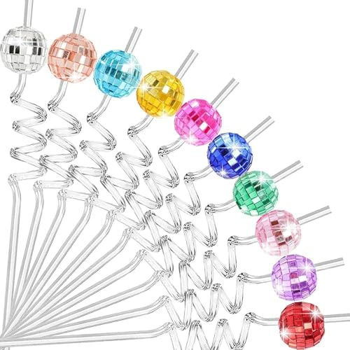 16 cannucce colorate a forma di palla da discoteca, stile anni '70, con glitter a specchio, cannucce decorative per feste, matrimoni, compleanni, forniture riutilizzabili