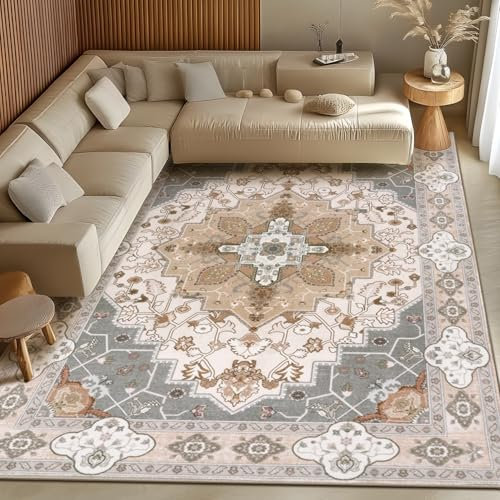 BSGIFT Living Room Rug, 200 x 300 cm, Washable Boho Vintage Short Pile Area Rug, Non-Slip Oriental Rug for Dining Room, Bedroom, Outdoor, Super Soft Beige Carpet