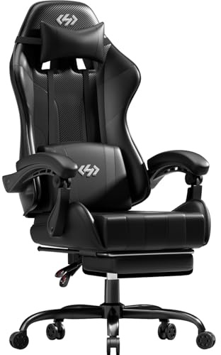 HLFURNIEU Silla Gaming Ergonómica, Silla Gamer con Reposapiés y Soporte Lumbar, Silla Ordenador con Spring Cushion, Sillon Gamer Altura Regulable, Respaldo Ajustable, Cadeira Gaming Negro