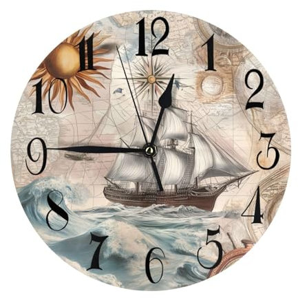 Helhappy Orologio da parete 25,4 cm, silenzioso, senza ticchettio, funzionamento a batteria, elementi nautici, navi, bussole, orologi da parete in PVC, per casa, soggiorno, ufficio, scuola, cucina