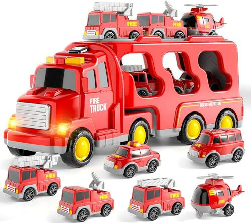 Fire Truck Toys 7 in 1 for Toddlers 3-12 Years Old Boys Girls, Friction Power Car Carrier Transport Vehicle with Light & Sound, Kids Birthday