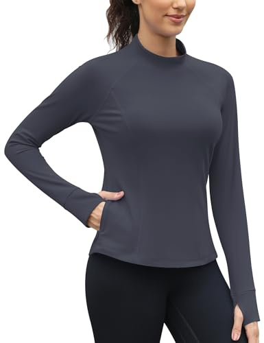 IECCP Damen Thermo Oberteil mit Mockkragen Daumenlöchern Fleecepullover Funktionsshirt Fleece warm Laufshirt Langarm Grau M