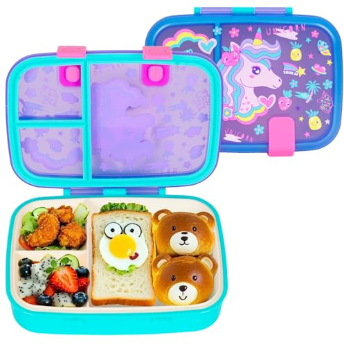 PinkSheep Bento lunchlådor för barn, 800 ml BPA-fria läckagesäkra barnmatbehållare med 3 fack (enhörning)