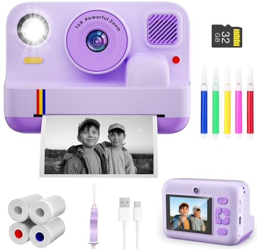 Digital Camera for Kids, App Printing, 1080P Video, Dual-Lens Selfie Digital Camera with 32G SD, Christmas Birthday Gifts for Girls Boys 4 5 6 7 8 9 10 11 12 Year Old, Toddler Toy_Purple