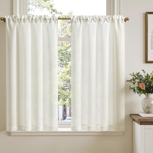 TOPICK Cortina Cocina Corta con Bolsillo, Blanco 90An x 115Al(cm) 2 Paneles, para Ventana Armario Mueble Bajo Dormitorio Bajo Fregadero, Efecto Ligero Estilo Moderno