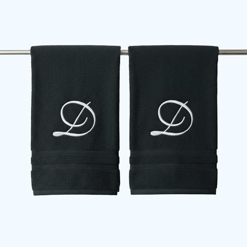 Hawmam Linen Black Hand Towels Set - 100% Turkish Cotton Monogrammed D Initial, 2 Pack Bathroom Hand Towels - Ideal Gift Hand Towel Set