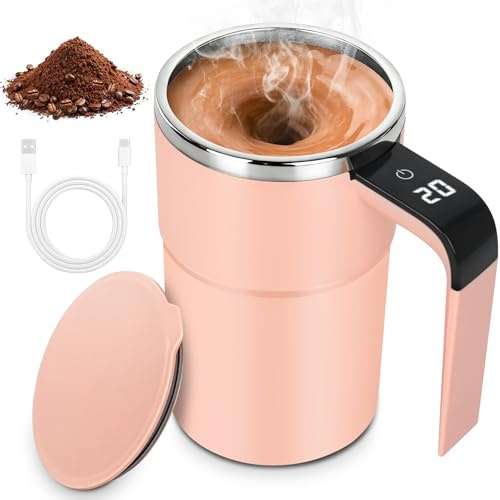 FENYW 380 Ml Miscelatore Elettrico Ricaricabile, Tazza Per Miscelatore Elettrico Con Display LCD, Tazza Da Caffè Automatica, Con Coperchio, Per Latte Cacao Cioccolato Caldo E Bevande(Rosa)