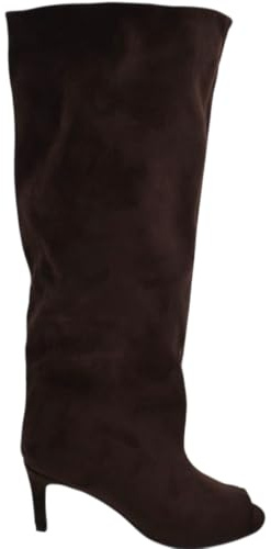 Stivali Slouchy Donna Arricciato in Camoscio Marrone Spuntato Open Tee con Tacco Spillo 5 cm e Gambale Over (38 EU)