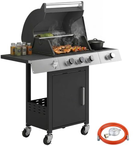 Outsunny Gasgrill 10,5 KW 3+1 Brenner BBQ Grillwagen Edelstahl inkl Seitenbrenner Flaschenöffner Thermometer Gusseisen-Grillrost Warmhalterost Rolle Seitentisch Unterschrank Gas-Grill für Balkon Party