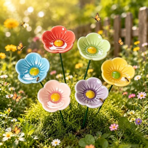 Lot de 6 abreuvoirs à abeilles en céramique - Abreuvoir à insectes - Abreuvoir à abeilles pour le jardin - Bar à abeilles abreuvoir avec piquet - Fleur créative piquet de jardin - Cadeau - Gamelle