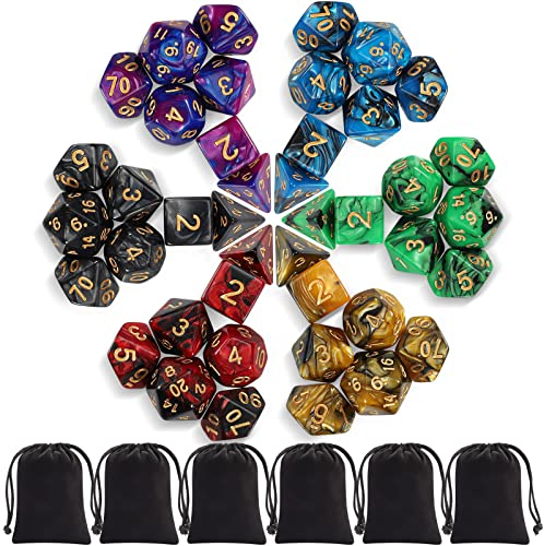 iFergoo Polyedrische Würfel Set, 6 x 7 (42 Stück) FarbSpielwürfel mit 6 Schwarze Kordelzugbeutel für Dungeons and Dragons DND RPG MTG Tischspiele,6 Set von D4 D6 D8 D10 D% D12 D20