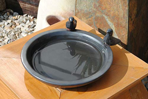 Vogeltränke mit Zwei kleinen Vögelchen,rund,matt schwarz glasiert,30cm,%%mit kleinen Fehlern%%