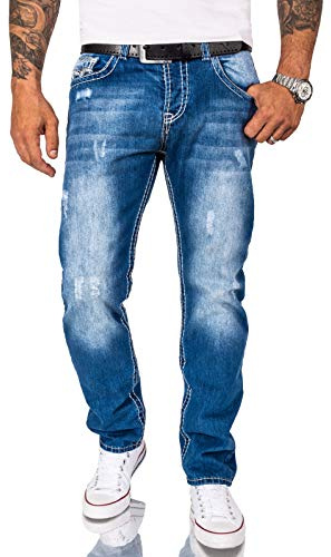 Rock Creek Herren Jeans Hose Comfort Fit Dicke Nähte Jeans Herrenjeans Herrenhose Denim Stonewashed Basic Weites Bein Raw RC-2268 Blau W42 L36