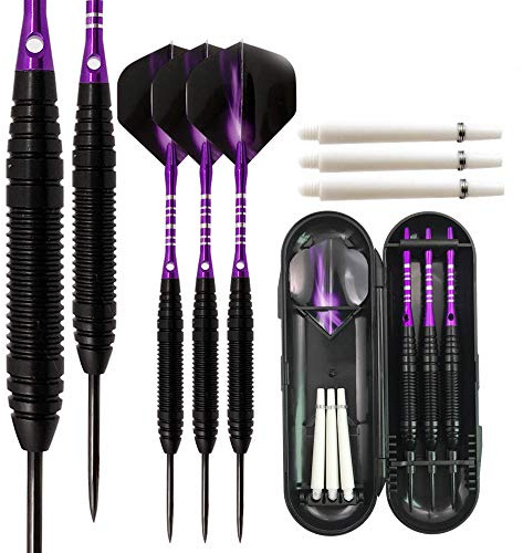 Sino-K Paquete de 3 Dardos de Acero Dardos Profesionales de tungsteno de 22 Gramos con Ejes de Aluminio, Barril de Hierro, Punta de Acero y Ejes adicionales (Morado)