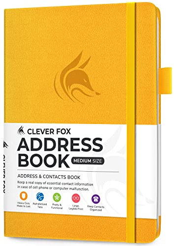 Clever Fox Address Book with alphabetic tabs - PU Leather Telephone and Address Book for Keeping Contacts Safe, Contact Organizer Journal, Medium Size (13.5 x 19cm) Hardcover, Amber Yellow
