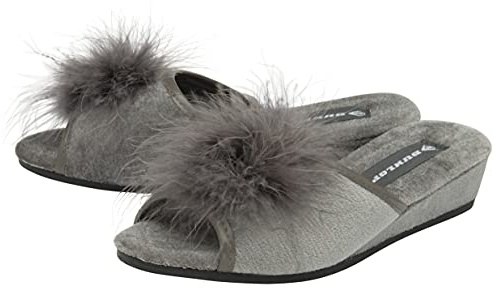 DUNLOP Pantoufles sexy à talon compensé pour femme avec plumes et bout ouvert Tailles 36-42, gris, 36 EU