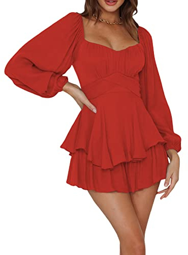 PDYLZWZY Vestido de mujer con volantes sin hombros para mujer, linterna de manga larga, con volantes, mini pantalones cortos, monocolor, con capas de gasa, boho, rojo, M