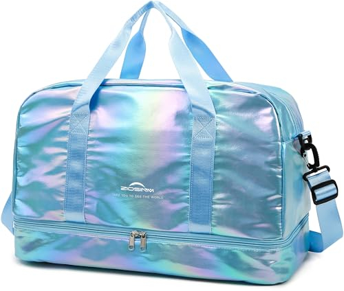 ZIOSINM Sporttasche Damen, 40L Reisetasche Damen Weekender, Glitzer Sporttasche mit Schuhfach und Nassfach, Saunatasche Schwimmtasche Trainingstasche Fitnesstasche Gym Travel Bag (Azurblau)