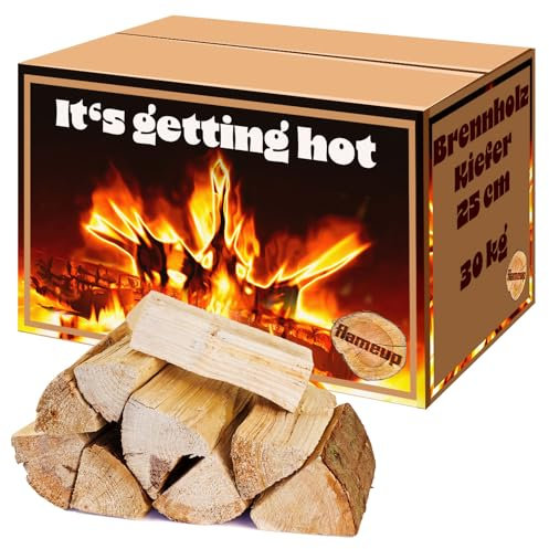 flameup kammergetrocknetes Brennholz 25 cm Kaminholz Kiefer Holz Auswahl 5-500 kg Kiefernholz Für Ofen und Kamin Kaminofen Feuerschale Grill Feuerholz Holzscheite, Menge:30 kg