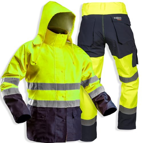 NEO TOOLS Herren wasserdichte Arbeit Warnschutzjacke mit Reflektionsstreifen Gelb oder Set mit wasserdichte Hose, Gr. S(48)-3XL(60) Arbeitsjacke aus strapazierfähigem 300D-Oxford-Gewebe