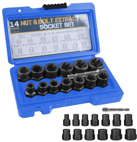 PRITOK 14-Teiliges Muttern Entferner Set: Schraubenausdreher Satz Spiral-Profil-Steckschlüssel-Satz Bolzen Extraktor zum Entfernen von Beschädigten, Verrosteten Muttern (6,35-19mm) (Blau)