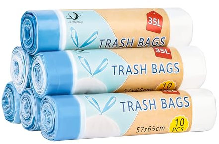 Xcdhmede 60 Pièces Sacs Poubelle 35L, Blanc, 57x65cm, Sac Poubelle avec Poignées Coulissantes, Sac Poubelles Fond anti-fuite, Sacs en Plastique Très Résistant (6 Rouleau x 10 Pièces)