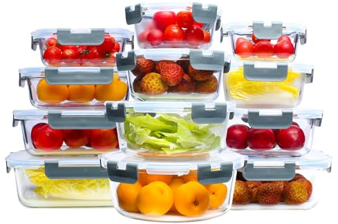 simpa Meal Prep Glass Food Storage Containers 12 Pack, Meal Prep Containers with Snap Lock Leakproof Lids, Reusable Microwave safe BPA-free Lunch Boxes (12 Containers & 12 Lids) Assorted Size Set