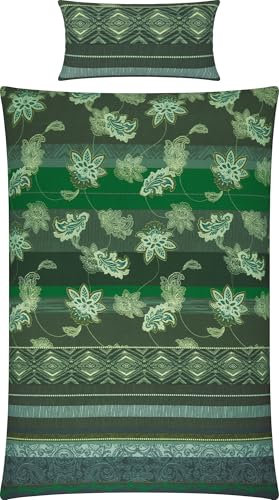 Erwin Müller Flanell Bettwäsche, Bettgarnitur mit orientalischen Blumen-Ornamenten grün Größe 40x80 cm / 135x200 cm - klimaausgleichend, mit Reißverschluss, 100% Baumwolle (weitere Größen)