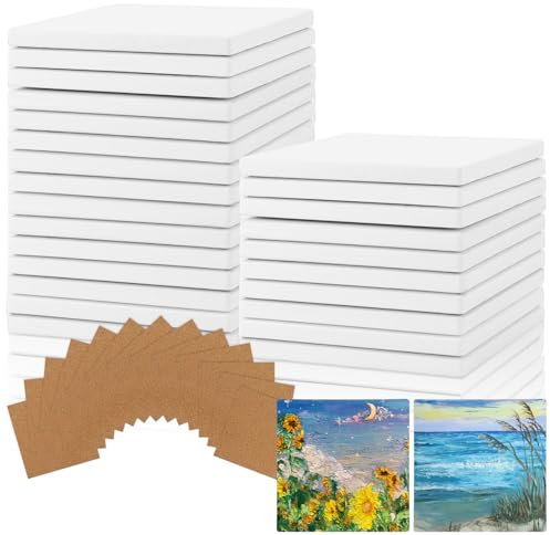 LOPYXBR 25 PCS White Coasters Making Kit, 4 Inch/10 cm Square Ceramic Tiles for Crafts, Sublimation Coasters Blank with 25 Cork Backing Pads for DIY Painting, Crafts, Art Projects, Colouring Pens