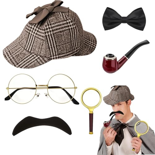 Snowtain Set di 6 accessori per costume da detective Sherlock Holmes Lenti di Ingrandimento Occhiali Costume, detective cosplay, accessori di scena per carnevale