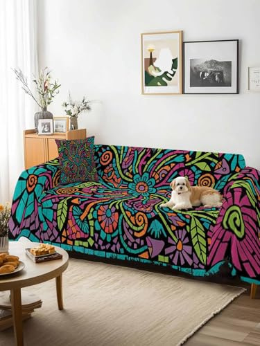 Abstract Flower Sofa Cover Blanket Couch Covers for Armchair Cushion,Couch Sofa Silpcover with Tassel,Vintage Botanical Geometric Floral Living Room Bedroom Throw Towel Blanket Covers XX-L 71x150