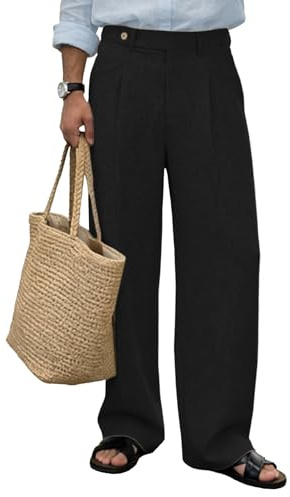 FEDTOSING Mens Linen Casual Dress Trousers Baggy Pleated Old Money Wide Leg Slacks Relaxed Fit Lightweight Work Pants