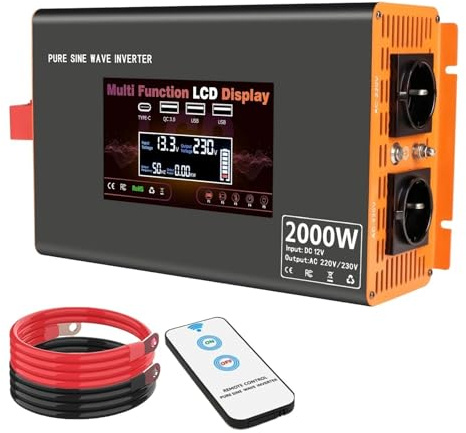 Inverter Onduleur Sinusoïdal Pur 5000 W 12 V vers 220 V avec Prise UE pour Stockage De Batteries Solaires Et Chalets Hors Réseau Convertisseur Tension(2000W)