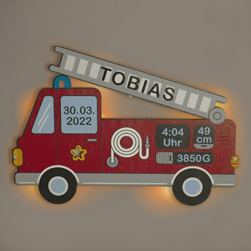 LAUBLUST Schlummerlicht Feuerwehrauto - Personalisiertes Baby-Geschenk zur Geburt & Taufe - LED Hintergrund-Beleuchtung