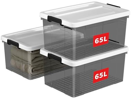 Cetomo 65L*3 Storage Boxes, Plastic Storage Box with Lids, Organizing Container with Secure Latching Buckles, Stackable, Nestable, Large Bin for Home Clothes, 65L-3Pack, Clear Black