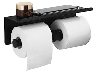 MIFULY Toilettenpapierhalter, doppelter Toilettenpapierhalter mit Telefonablage, Edelstahl Papierhalter Rack, Anti-Drop Wandmontage Doppelrollen Toilettenpapierhalter Mattschwarz