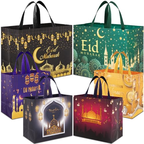 AhfuLife 6 Borse Regalo per Eid Mubarak, Sacchetti Riutilizzabili per Feste Ramadan Kareem, Borse per Ramadan Mubarak con Manici, Sacchetti in Tessuto non Tessuto per Decorazioni Eid (6 pcs)