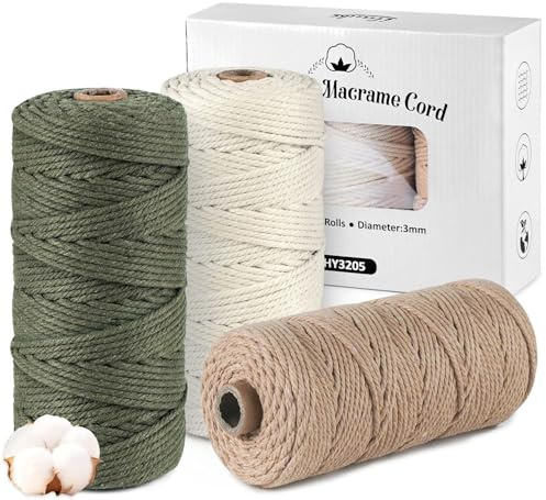 ilauke Hilo de macramé de 3 mm x 100 m, Hilo de algodón de macramé, Hilo de algodón de 3 mm, cordón de algodón Natural de 3 mm, para Manualidades, Punto Bohemio, decoración de Pared, Verde Militar,