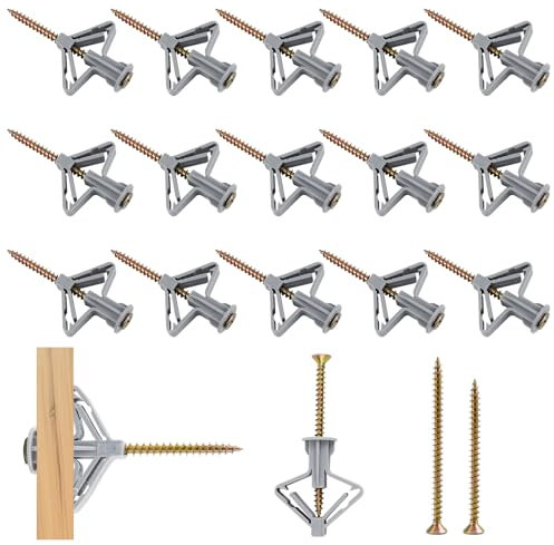 120 Pieces Grey Butterfly Plugs with Screws, Heavy Duty Expansion Tubes, Drywall Anchors Anti-Rotational, Plaster Boarding Fixings Set, Hollow Wall Expansion Plugs for Fiber Board Asbestos Board
