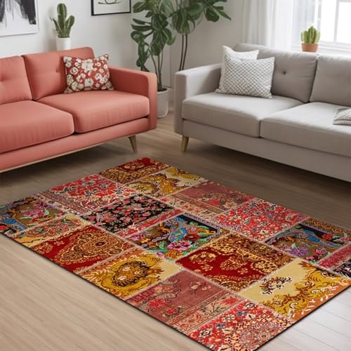 bamyum Silena Tapis Imprimé Chenille Fabriqué à la Machine Vintage, 200 x 300 cm, Lavable, Salon, Cuisine, Patchwork, Chambre, Antibactérien, Antidérapant