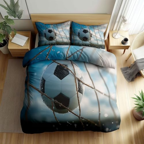 Srigzcaly Bettwäsche 135x200 cm Spiel Fußball 3D Tor, 3teilig Mikrofaser Deckenbezug für Jugendliche Kinder, Hellblau Wendebettwäsche - Weiche Bügelfrei & Knitterfrei Bettbezug mit Reißverschluss