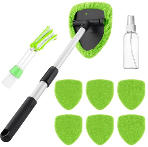 Zosenyer Kit de Limpieza Coche, Cepillo Lavar Coche Télescopico, 6 Pads Microfibra, Limpieza Cristales Coche Internos, 180° Rotación, Incluye Spray y Cepillo Doble Cabeza (Verde)