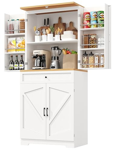 Senmate Armadio Alto Cucina con 12 Scomparti e Cassetti, Credenza Multifunzionale Antiribaltamento per Dispensa, Design Moderno in MDF Bianco per Sala da Pranzo e Soggiorno, 80x40x180 cm