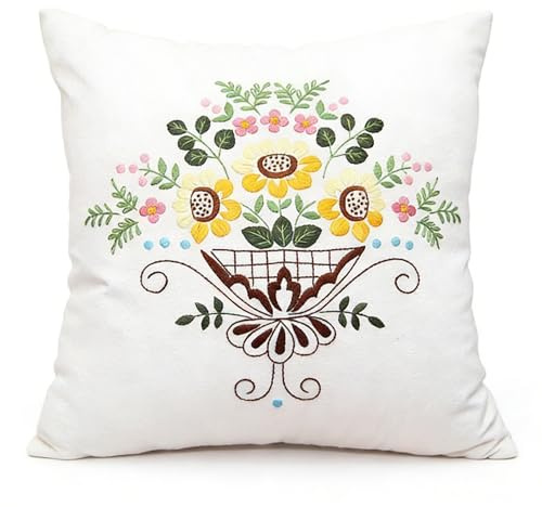 Embroidery Kit Pillowcase Hand Embroidery DIY Kit Cross Stitch Cushion Kit Starter Kits Set With Flower Patterns Pillowcase Embroidery Hoop Sewing Craft Threads Instruction for Adults & Beginners