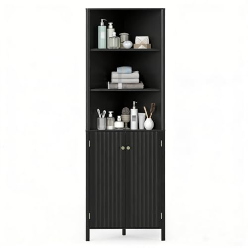 LIFEZEAL Mobile Bagno Angolare Salvaspazio, Armadio Bagno ad Angolo, 58x32x172,5 cm, Credenza Cucina, Dispensa, con Ripiani Regolabili, 5 Scomparti, 2 Ante, Moderno, in Legno, Portaoggetti (nero)